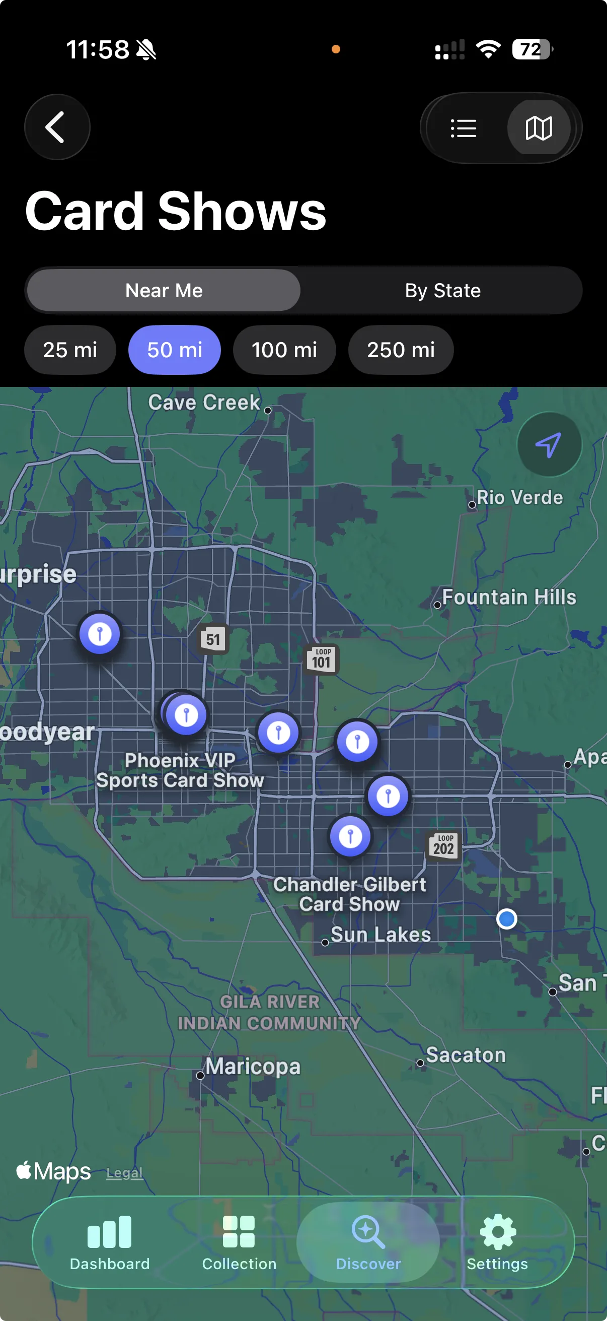 Card show finder map with pins around a metro area and event list with dates and distances