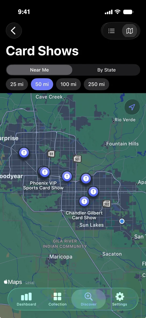 Card show finder map of the Phoenix area with show pins, Near Me and By State tabs, and distance filters