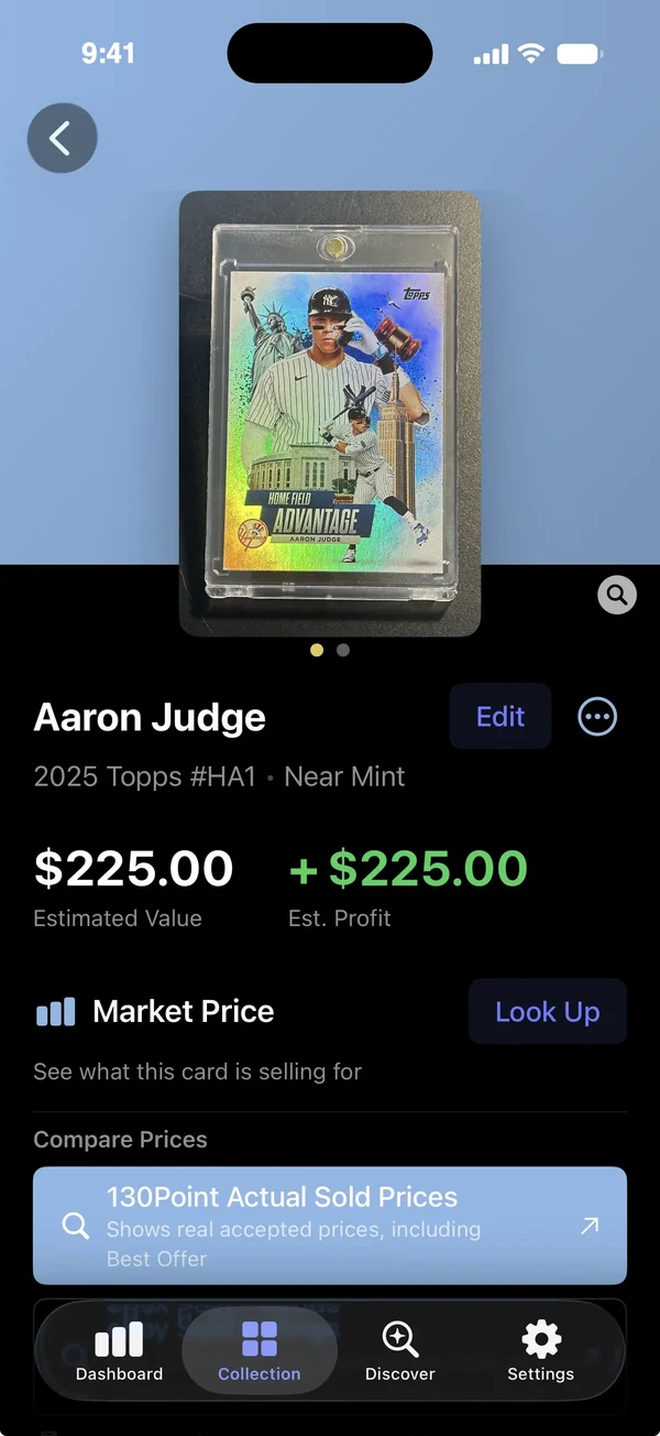 Card details for a 2025 Topps Aaron Judge with $225 estimated value, a market price lookup, and 130Point sold prices