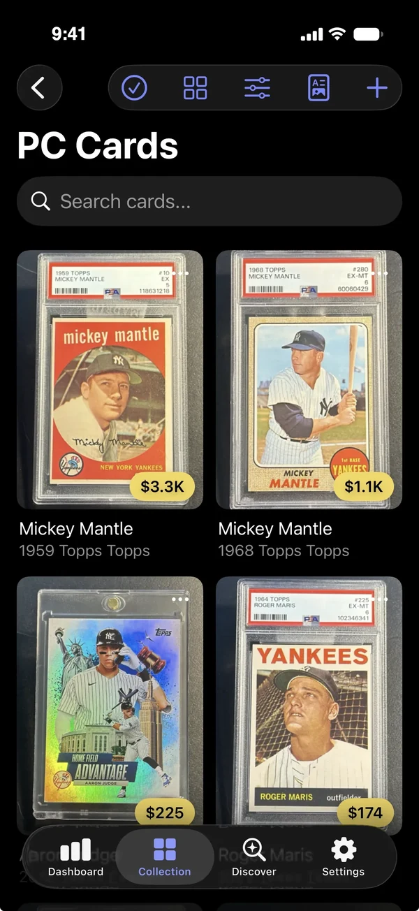 Collection grid of graded Mickey Mantle and Yankees cards, each with its value on a tag