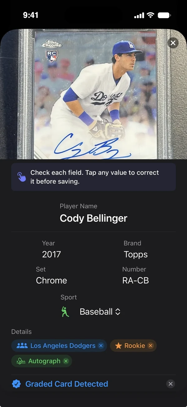 Magic Scan result for a 2017 Topps Chrome Cody Bellinger with player, year, brand, set, number, and sport filled in