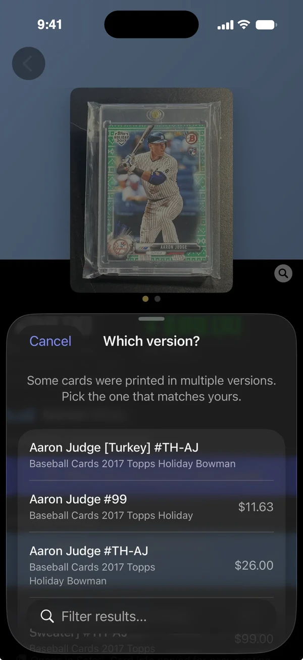 Version picker asking which Aaron Judge 2017 Topps Holiday card matches yours, with market prices beside the versions