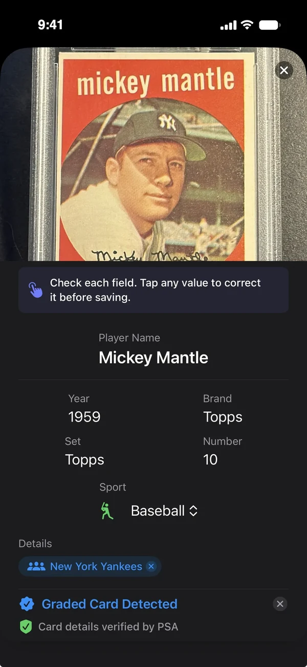 Scan result for a 1959 Topps Mickey Mantle slab marked Graded Card Detected, with card details verified by PSA