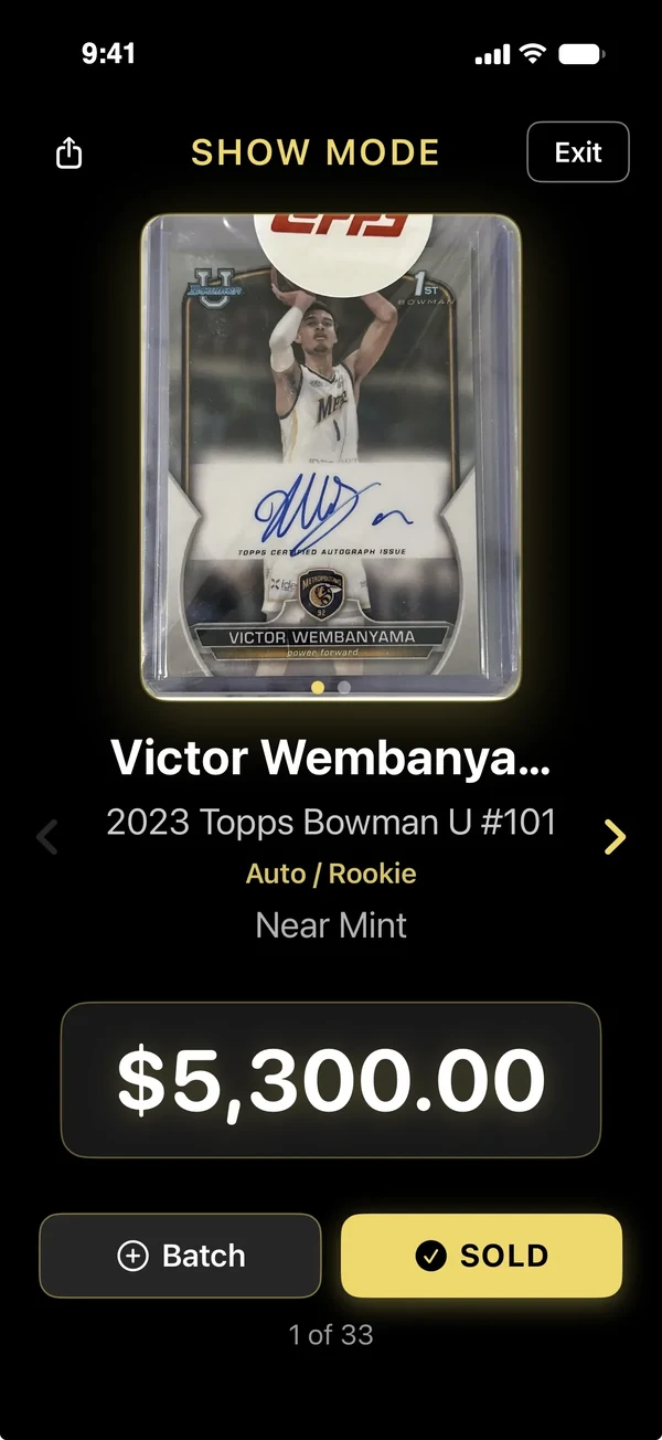 Show Mode showing a graded Victor Wembanyama Auto / Rookie card full screen on black, Near Mint, with a $5,300.00 price and Batch and Sold buttons