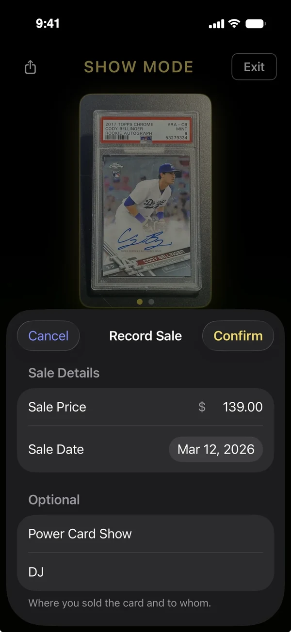 Show Mode Record Sale form with the sale price, sale date, and optional venue and buyer fields