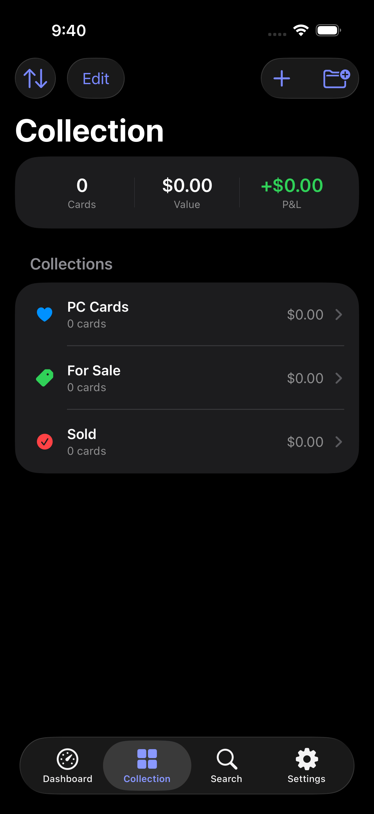 Collection view in dark mode showing cards in a grid layout