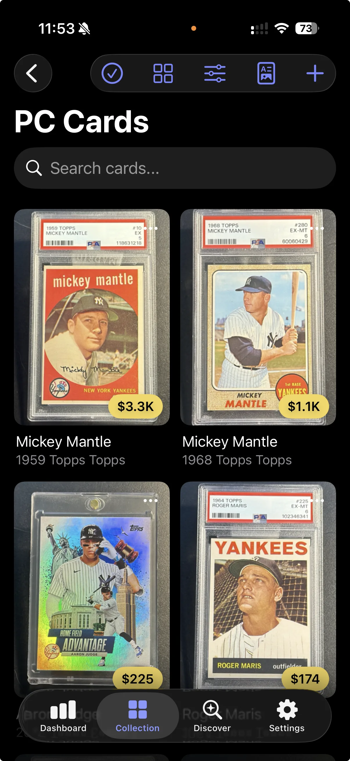 Collection gallery in dark mode showing cards in a grid layout