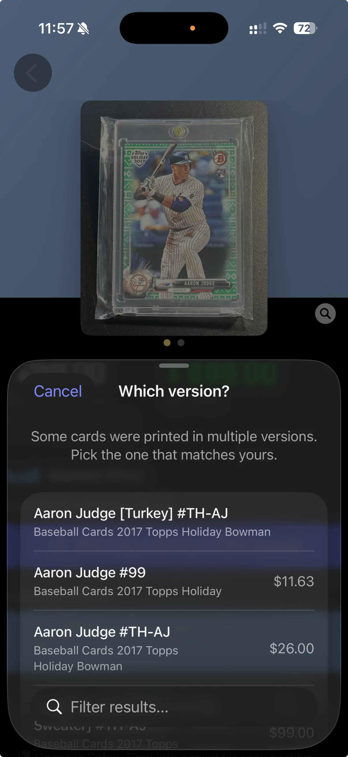 Market price lookup showing multi-grade pricing grid from raw to PSA 10