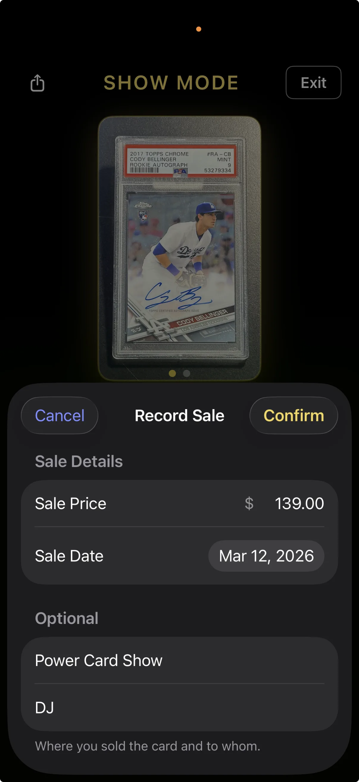 Show Mode Mark as Sold form with price, venue, buyer name, and date fields