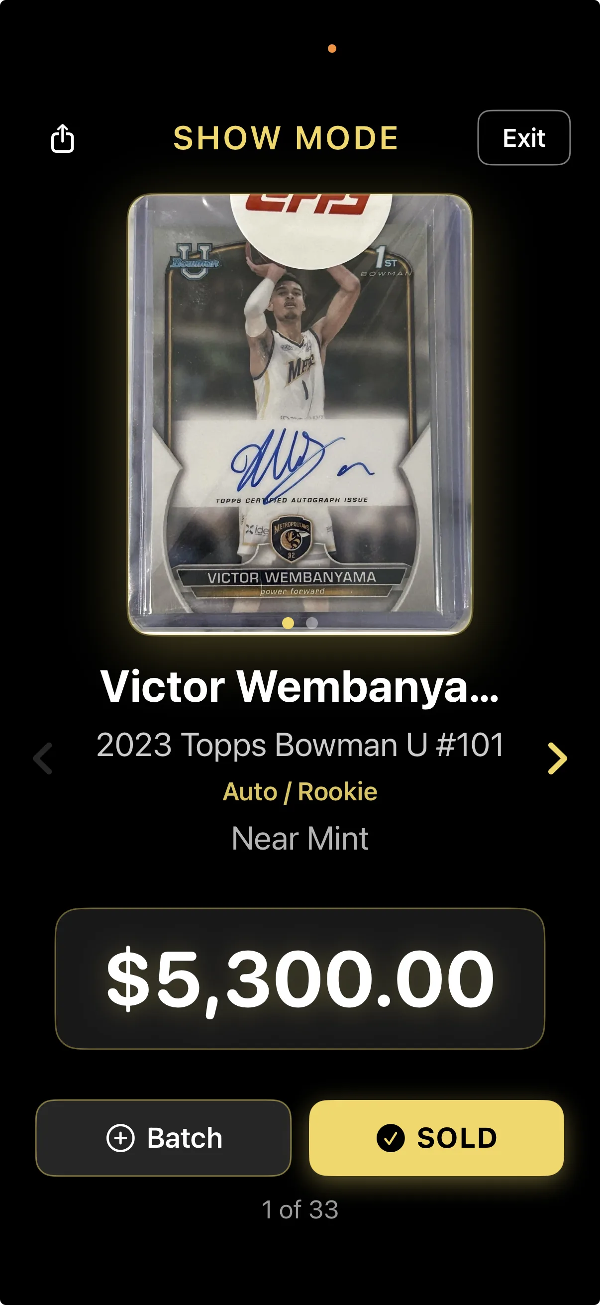 Show Mode full-screen display with dark background and large price