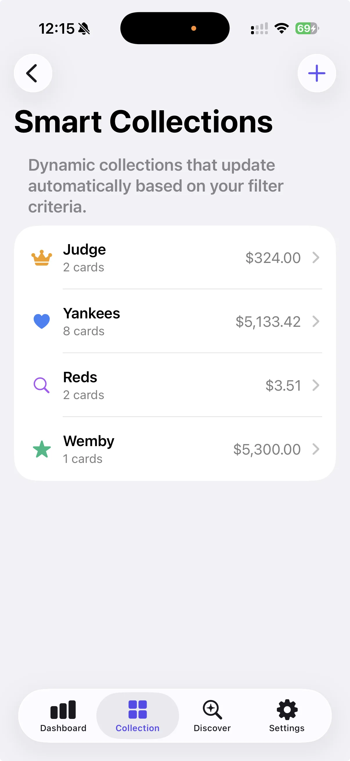 Smart collections list with colored collections and filter icons